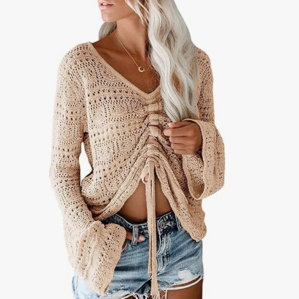 Loose Knit Drawstring Long Bell Sleeve Pullover, Size XL, NWT